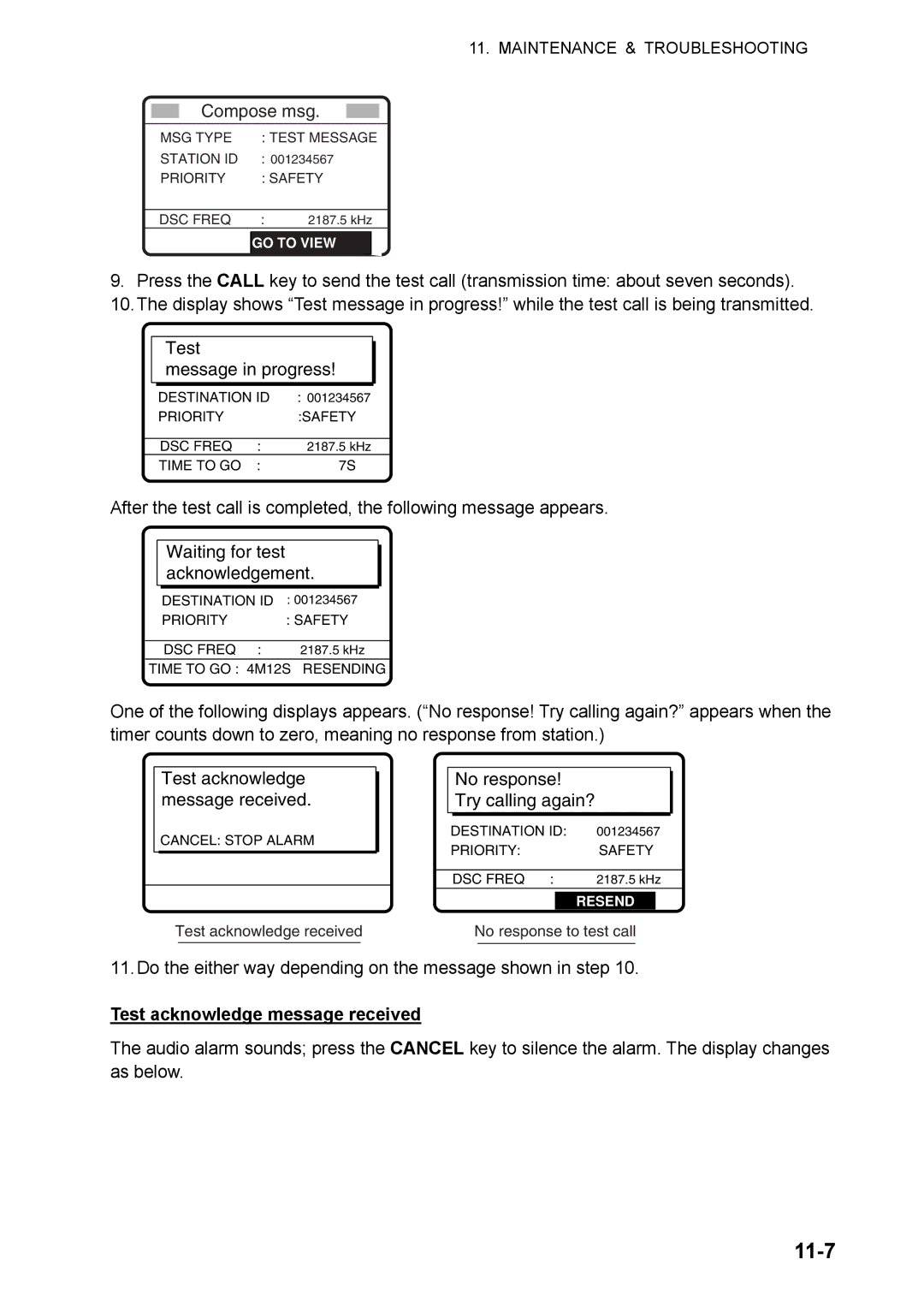 Furuno FS-5070 manual 11-7, Do the either way depending on the message shown in step, Test acknowledge message received 