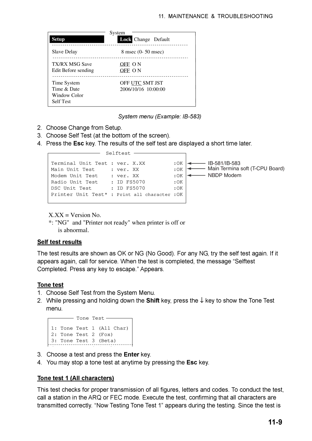 Furuno FS-5070 manual 11-9, System menu Example IB-583, Self test results, Tone test 1 All characters 