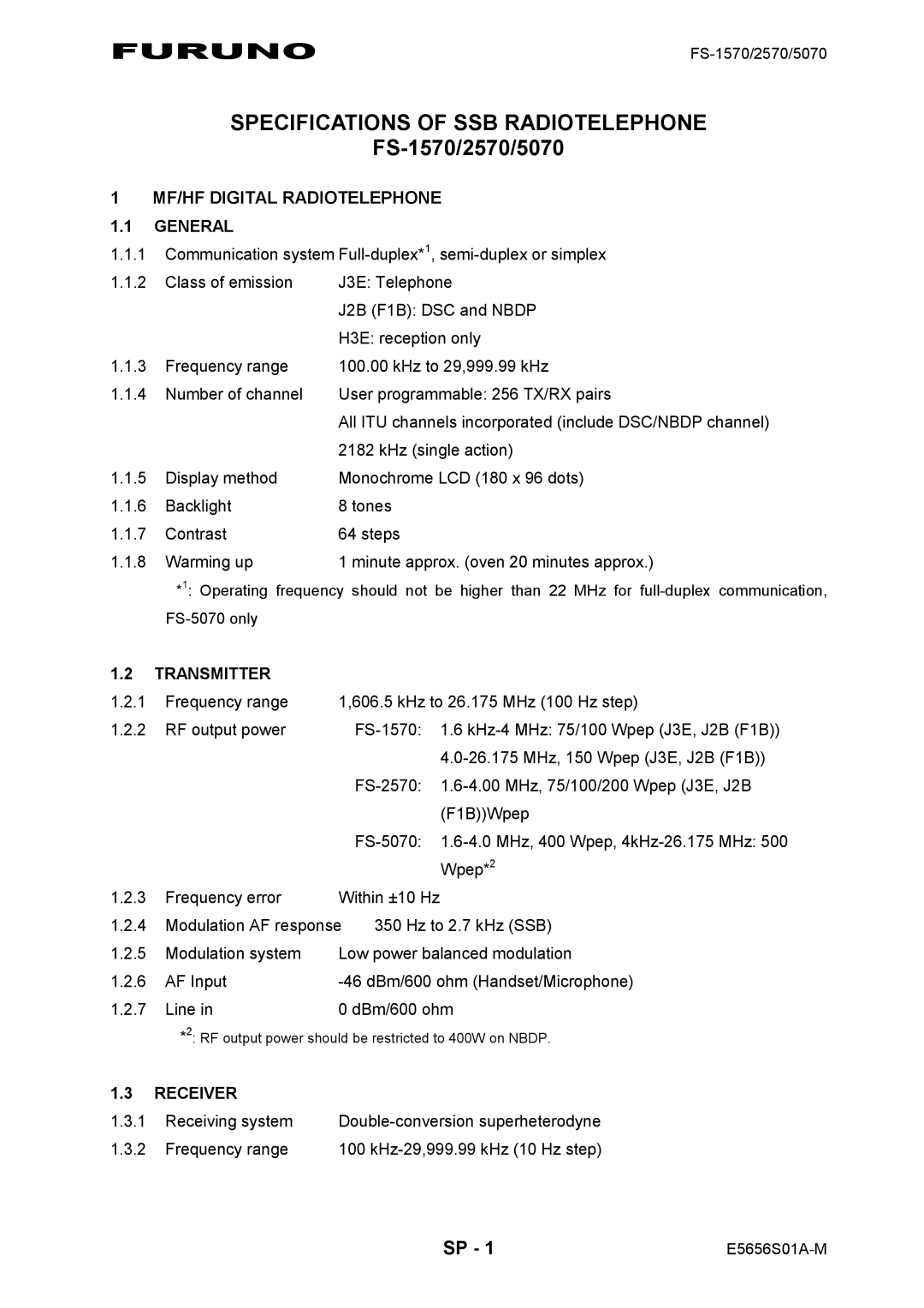 Furuno FS-5070 manual Specifications of SSB Radiotelephone, FS-1570/2570/5070 