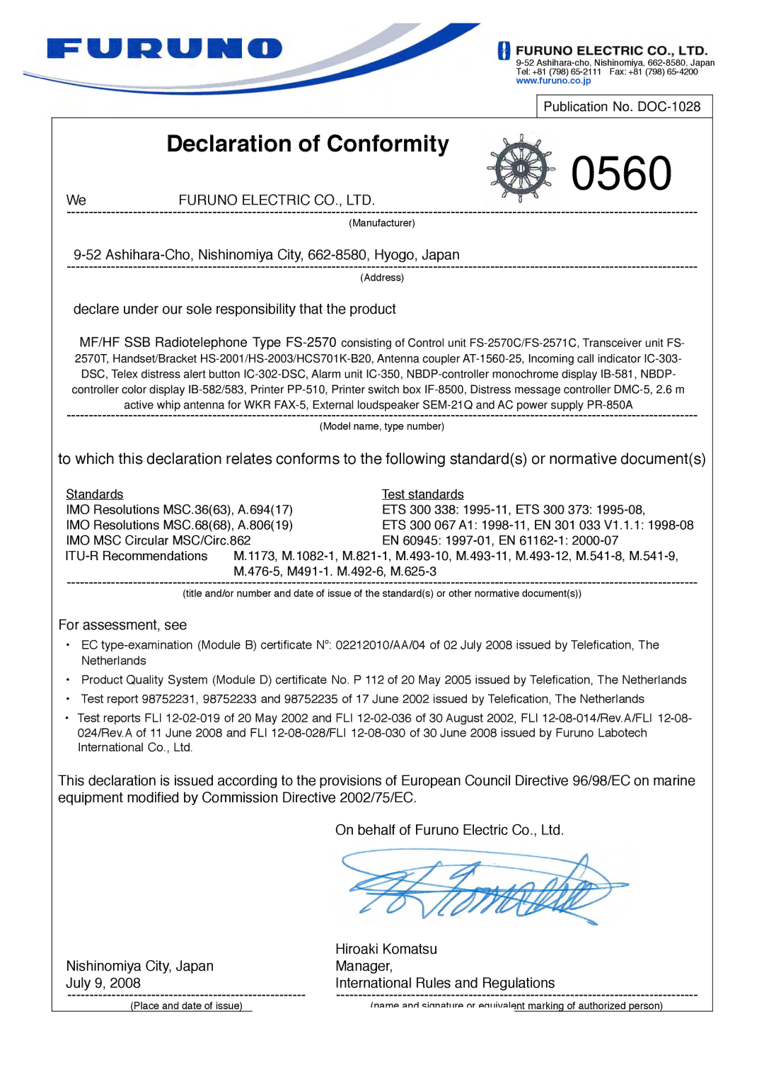 Furuno FS-5070 manual Publication No. DOC-1028 