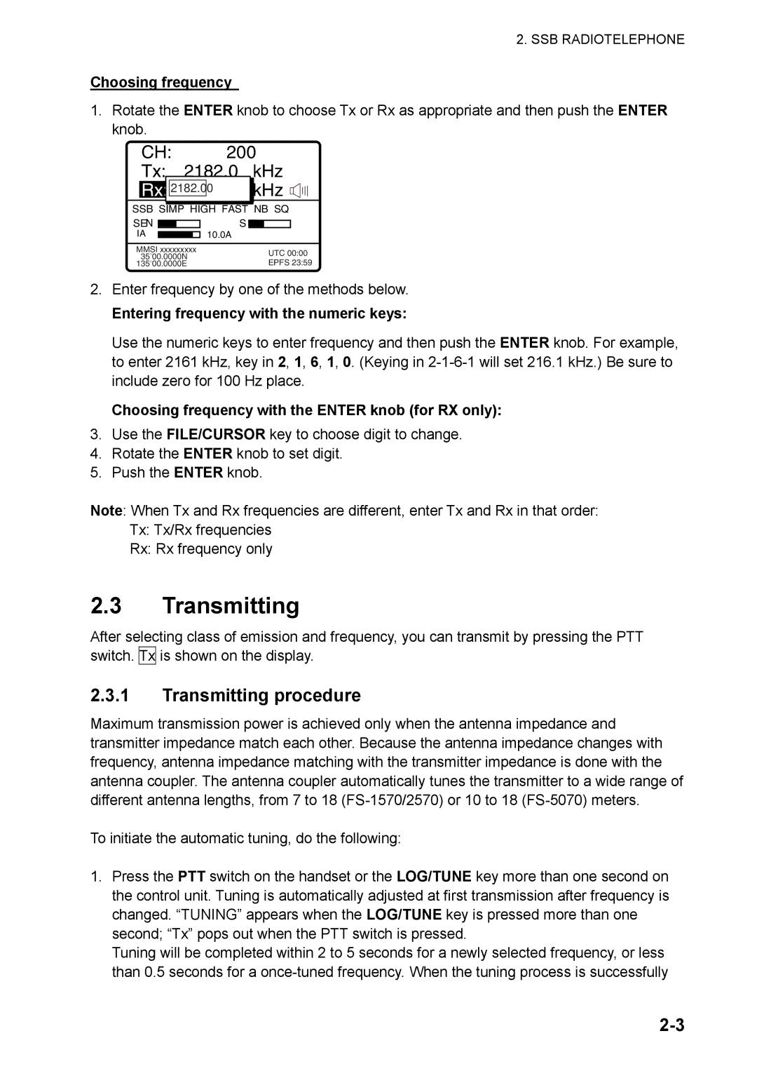 Furuno FS-5070 manual Transmitting procedure, Choosing frequency, Entering frequency with the numeric keys 