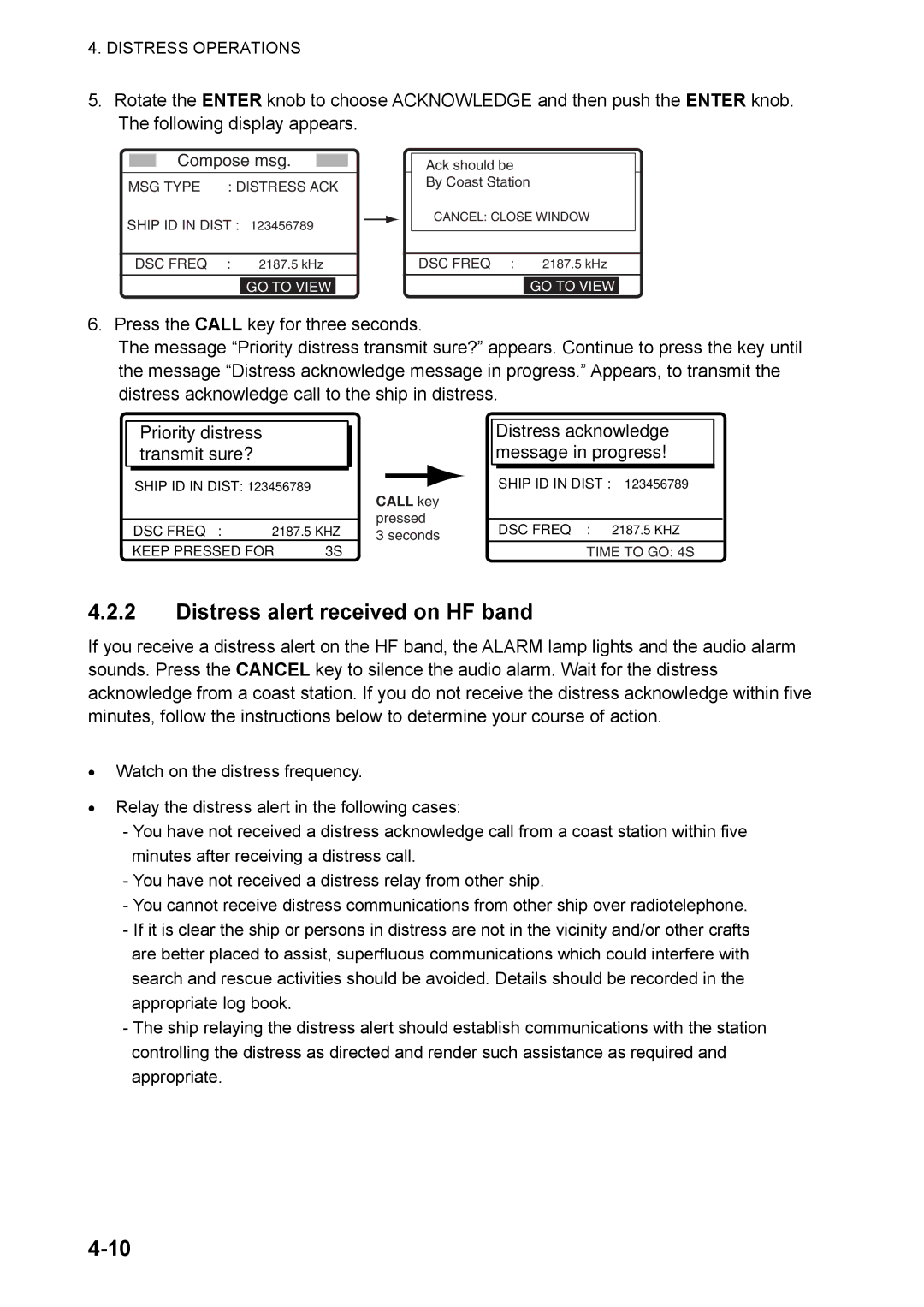 Furuno FS-5070 manual Distress alert received on HF band, Distress acknowledge message in progress 