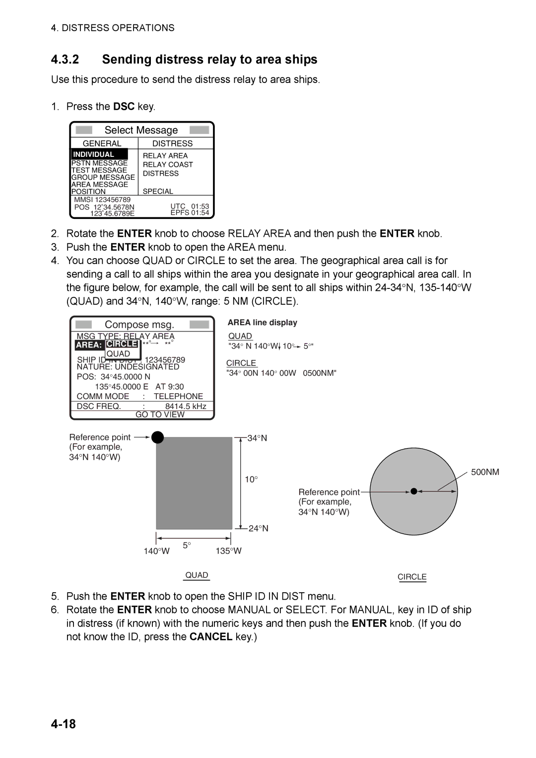 Furuno FS-5070 manual Sending distress relay to area ships, Area Circle 