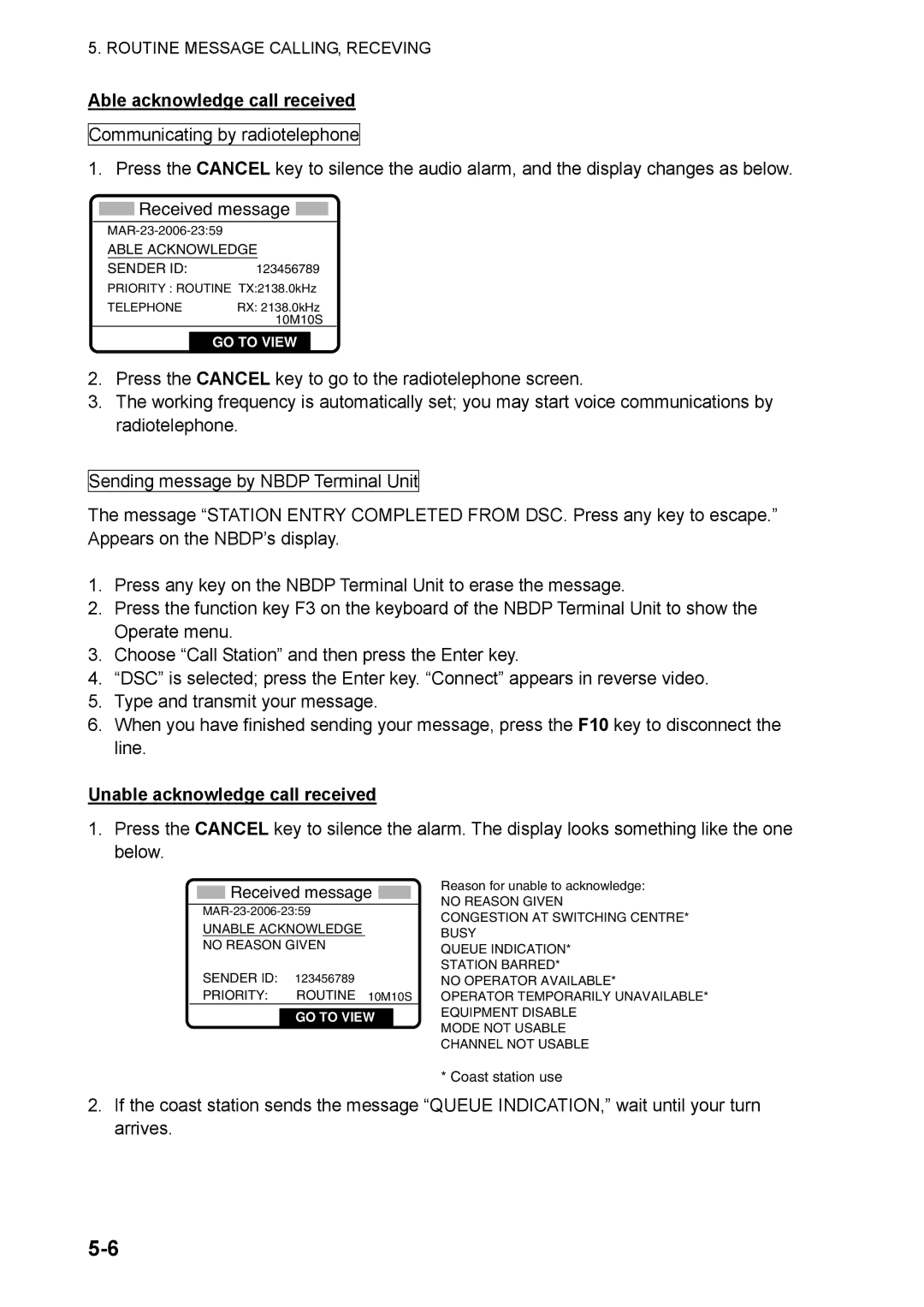Furuno FS-5070 manual Able acknowledge call received, Unable acknowledge call received 