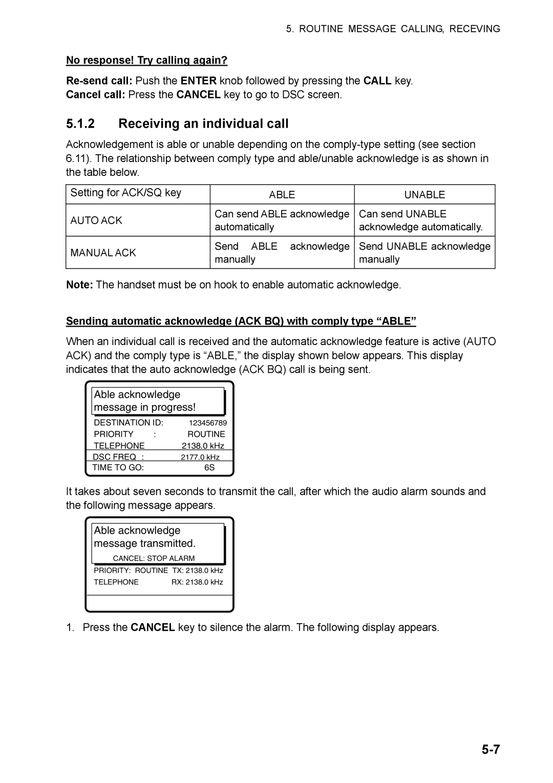 Furuno FS-5070 manual Receiving an individual call, No response! Try calling again? 