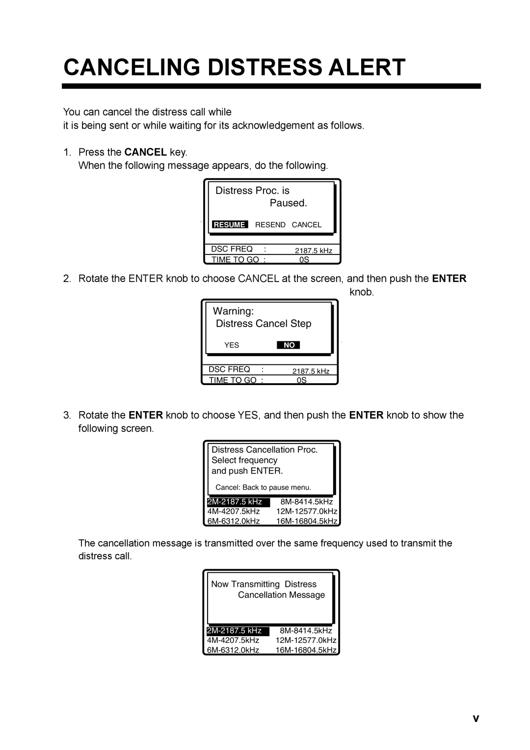 Furuno FS-5070 manual Canceling Distress Alert, Distress Cancellation Proc. Select frequency Push Enter 