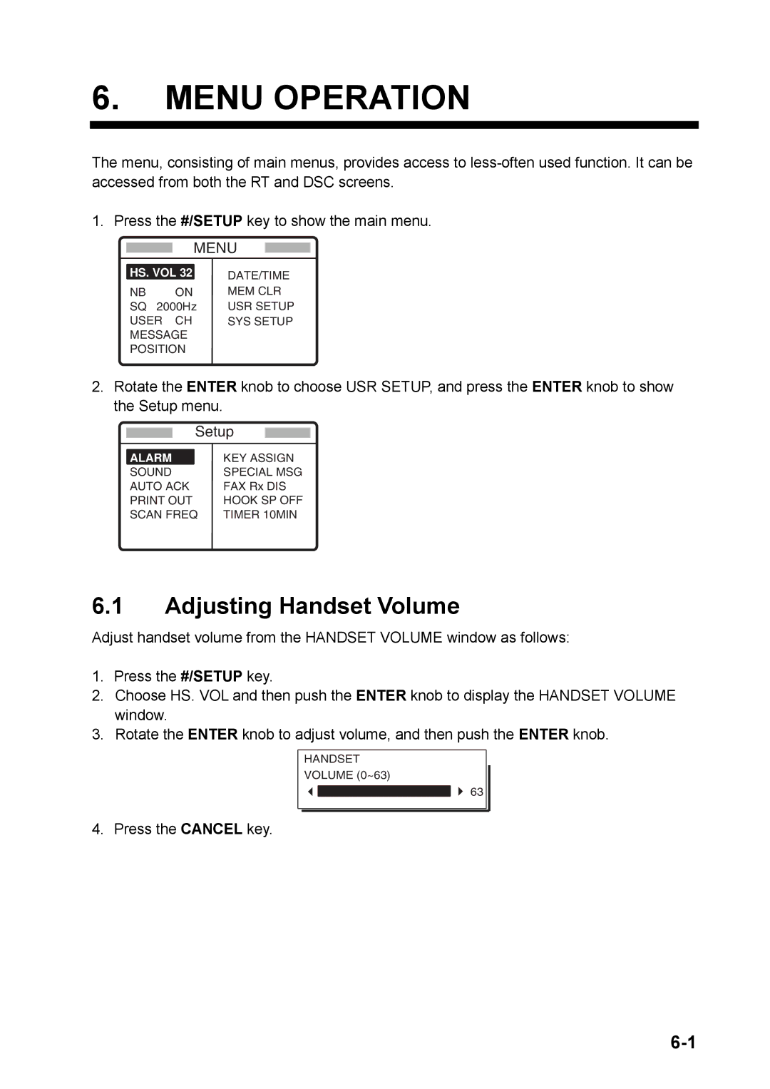 Furuno FS-5070 manual Menu Operation, Adjusting Handset Volume, Setup 