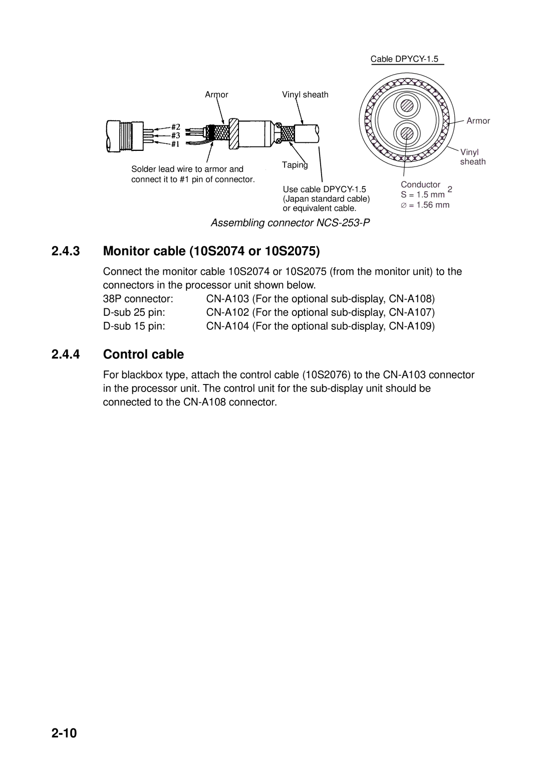 Furuno FSV-24S installation manual Monitor cable 10S2074 or 10S2075, Control cable 