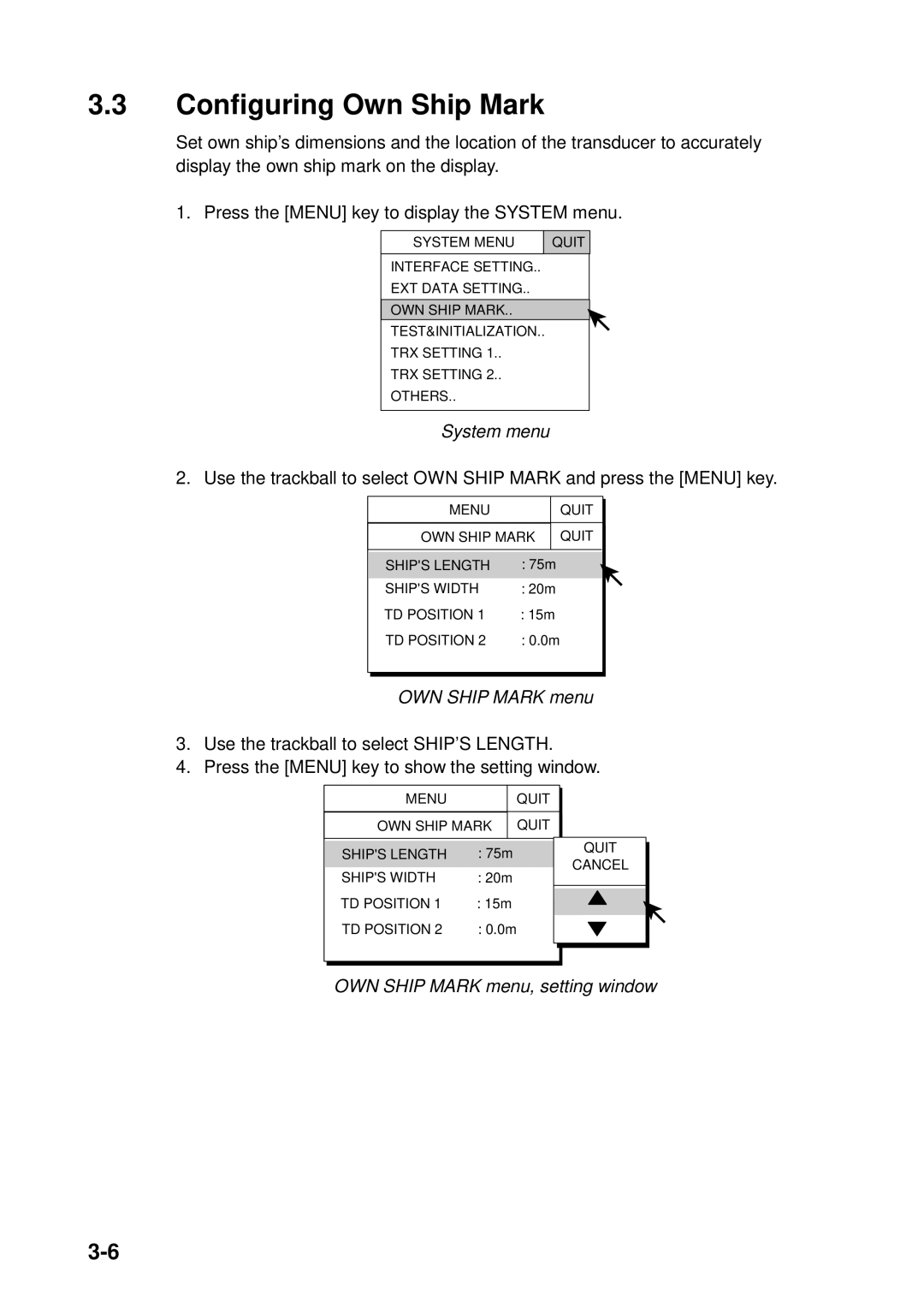 Furuno FSV-24S installation manual Configuring Own Ship Mark, OWN Ship Mark menu 