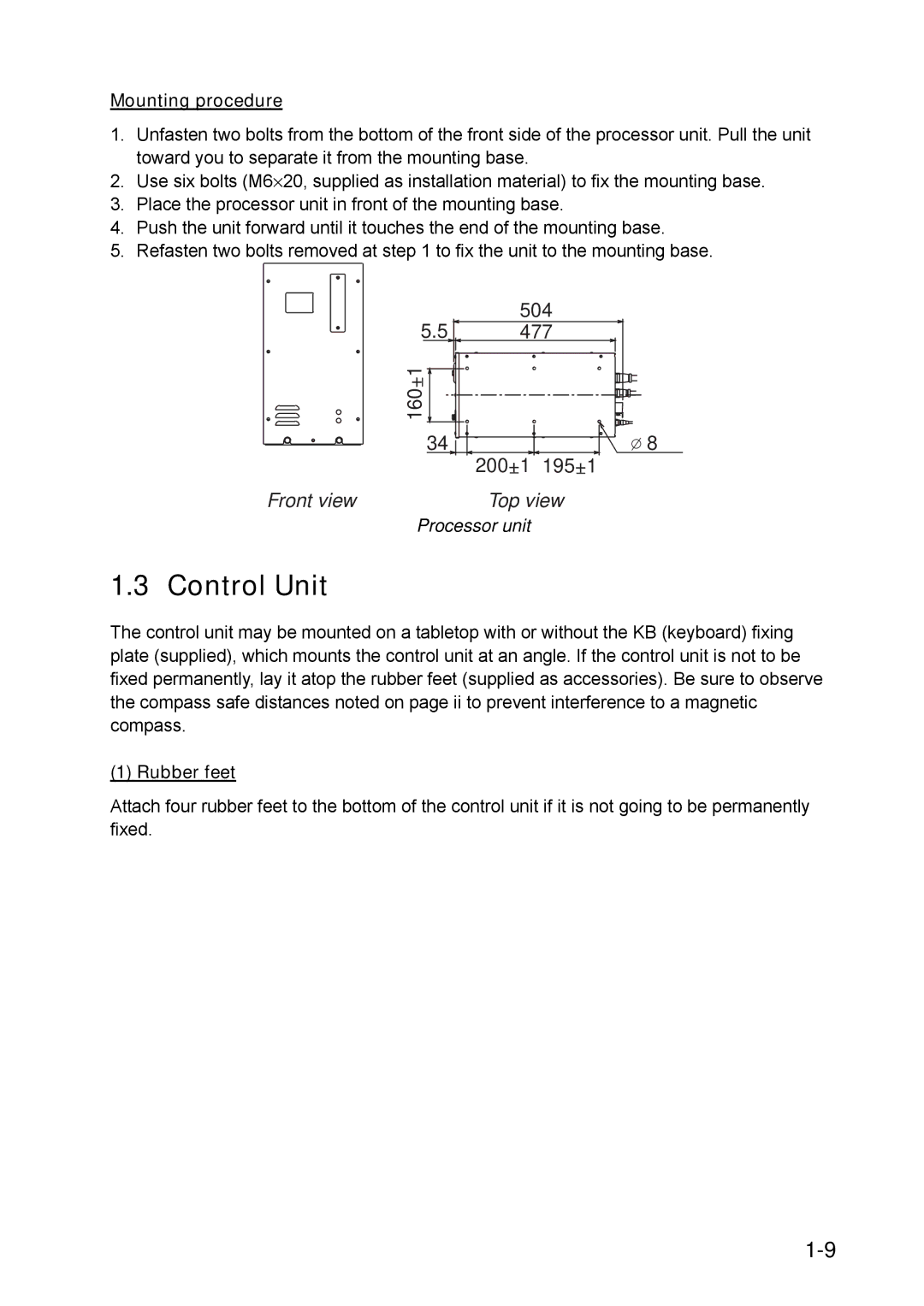 Furuno FSV-30S installation manual Control Unit, Mounting procedure, Processor unit, Rubber feet 