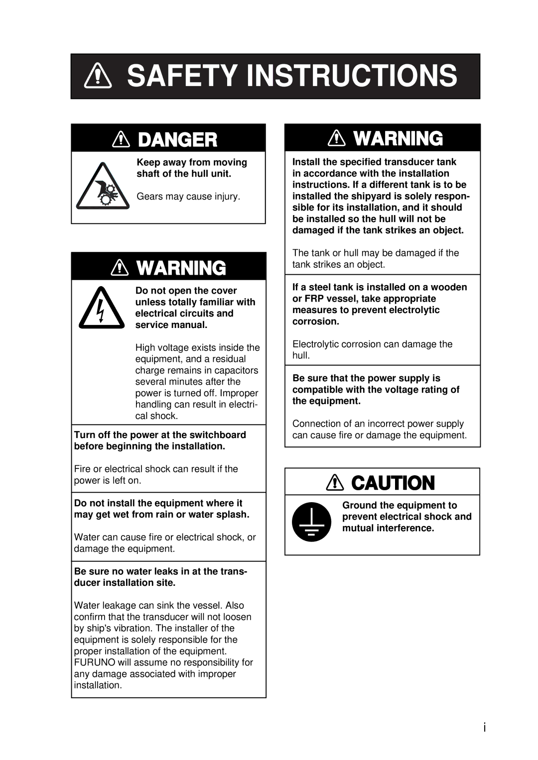 Furuno FSV-30S installation manual Safety Instructions 