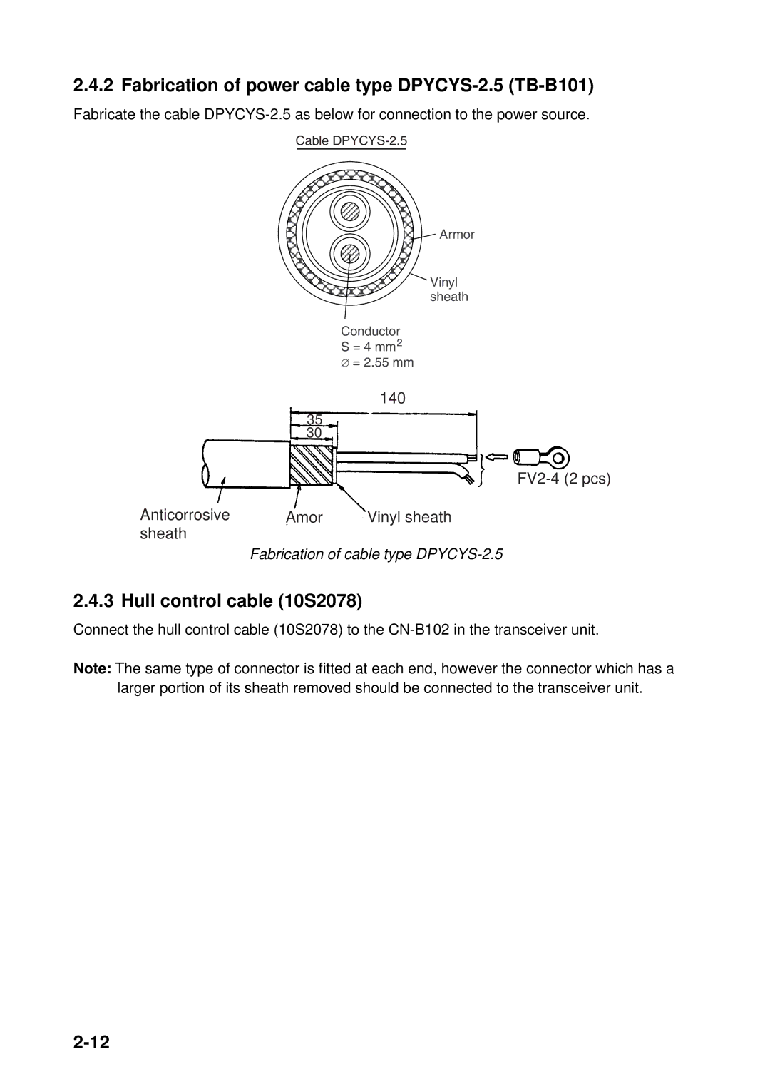 Furuno FSV-30S installation manual Fabrication of power cable type DPYCYS-2.5 TB-B101, Hull control cable 10S2078 