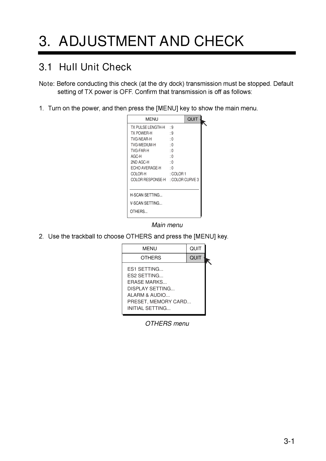 Furuno FSV-30S installation manual Hull Unit Check, Main menu, Others menu 