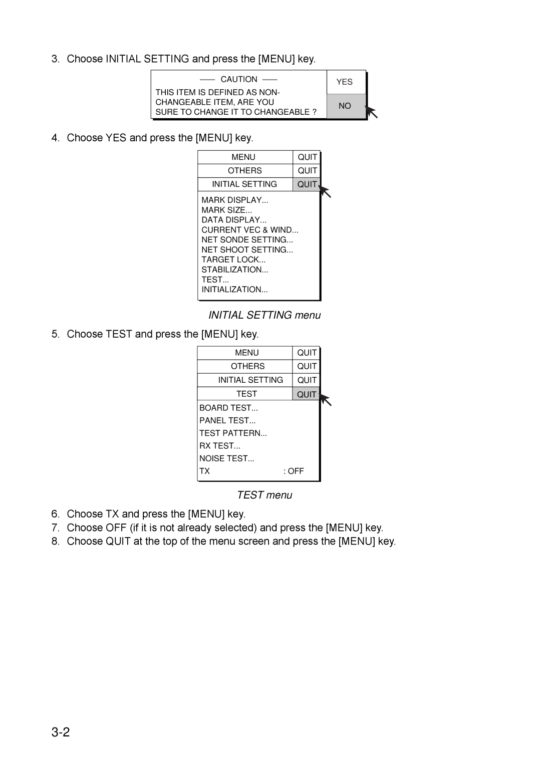 Furuno FSV-30S installation manual Initial Setting menu, Test menu 