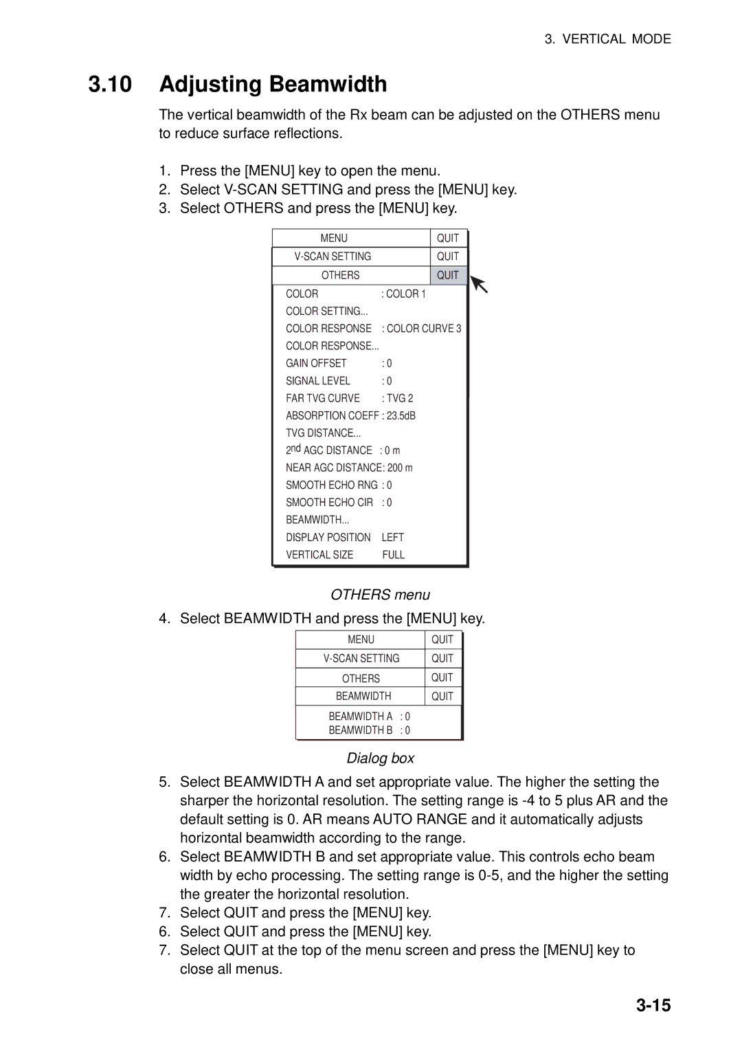 Furuno FSV-84 manual Adjusting Beamwidth, Dialog box 