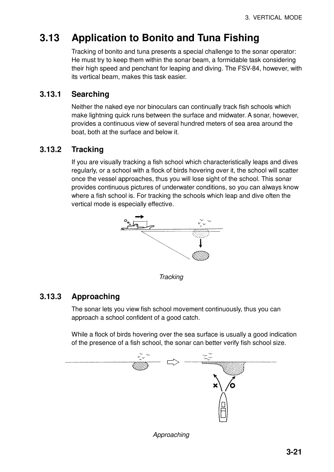 Furuno FSV-84 manual Application to Bonito and Tuna Fishing, Searching, Tracking, Approaching 