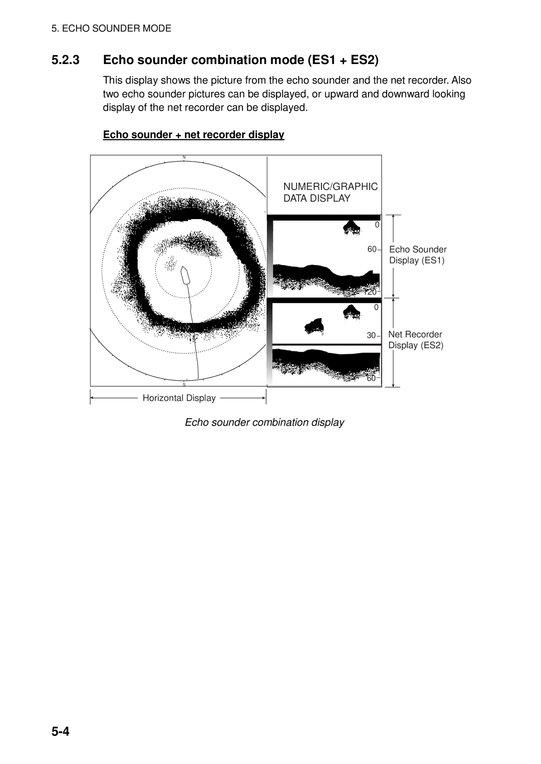 Furuno FSV-84 manual Echo sounder combination mode ES1 + ES2, Echo sounder + net recorder display 