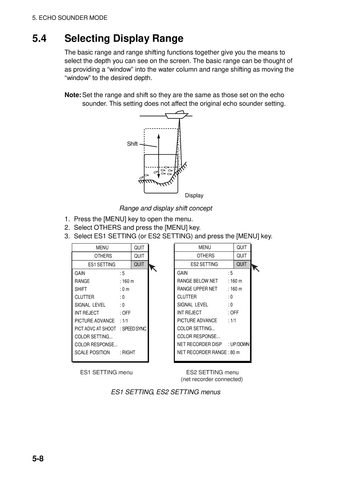 Furuno FSV-84 manual Selecting Display Range, Range and display shift concept, ES1 SETTING, ES2 Setting menus 