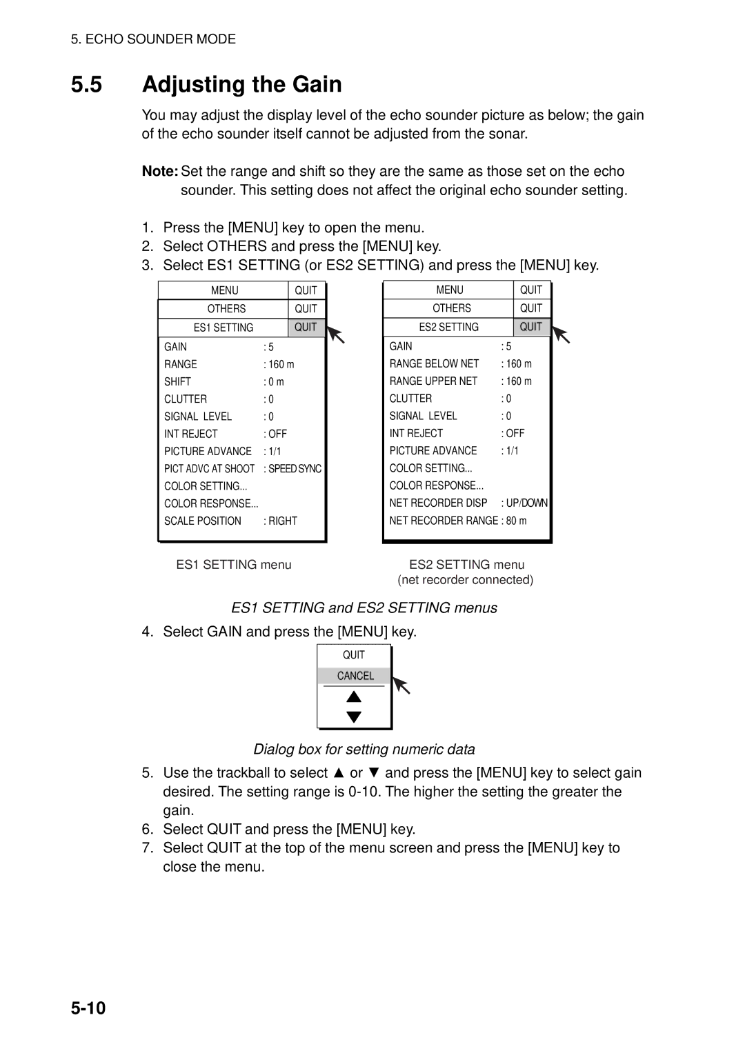 Furuno FSV-84 manual Adjusting the Gain, ES1 Setting and ES2 Setting menus 