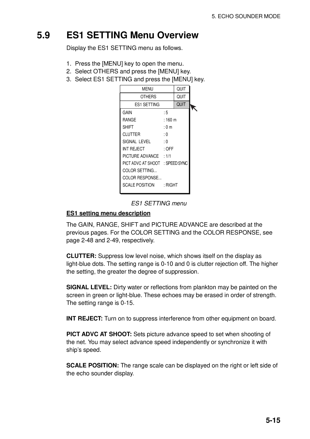 Furuno FSV-84 manual ES1 Setting Menu Overview, ES1 Setting menu, ES1 setting menu description 