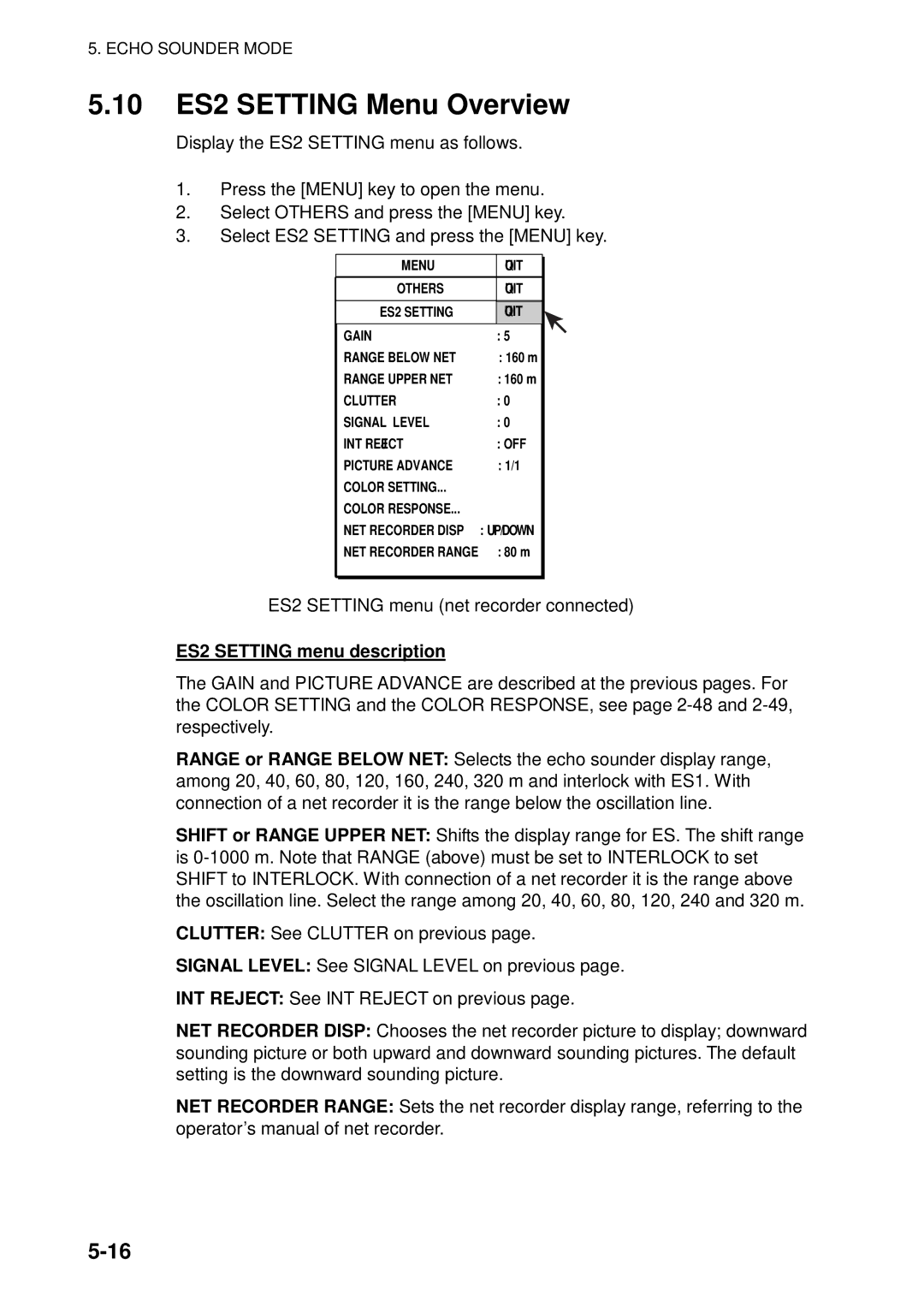 Furuno FSV-84 manual 10 ES2 Setting Menu Overview, ES2 Setting menu net recorder connected, ES2 Setting menu description 