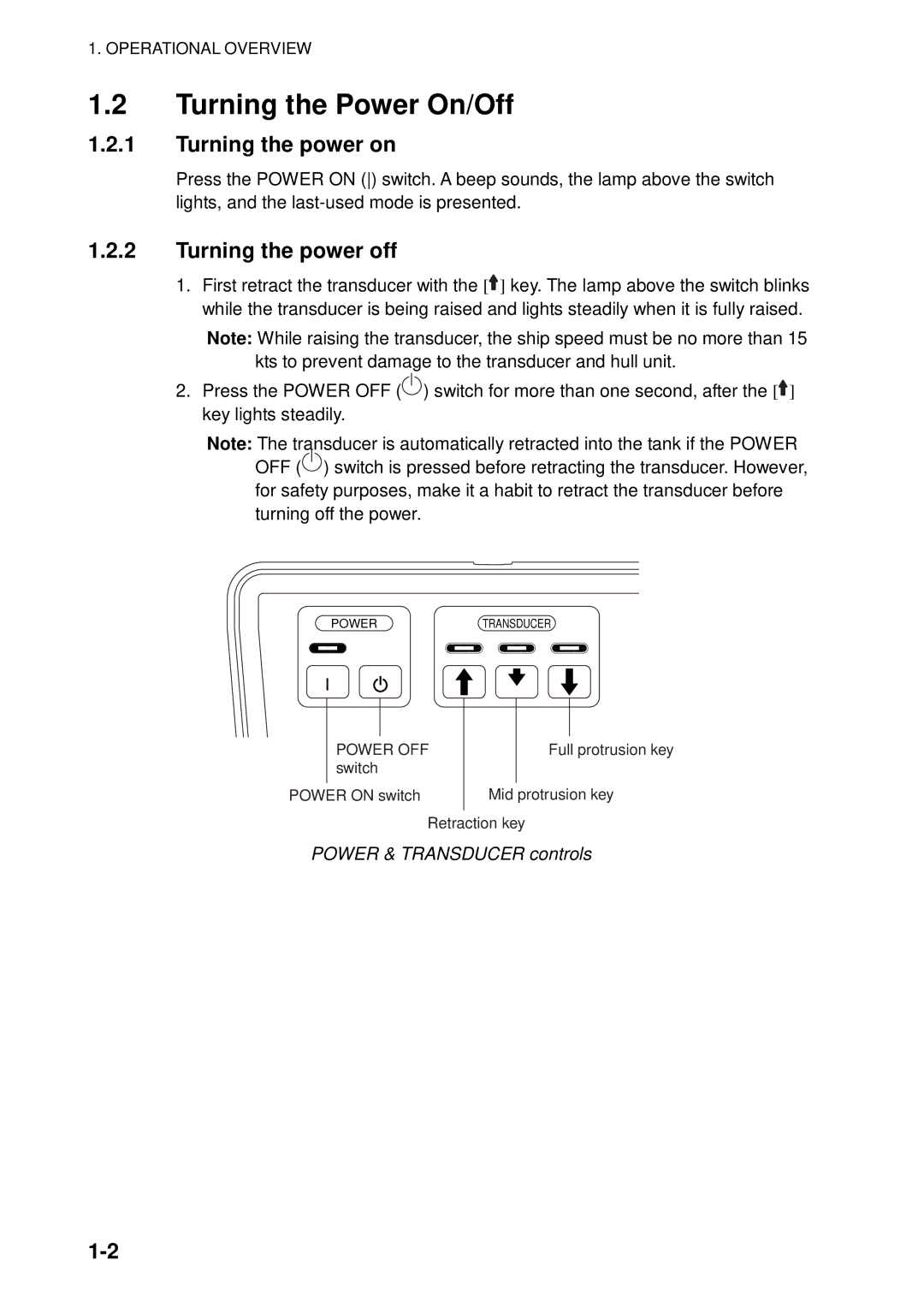 Furuno FSV-84 manual Turning the Power On/Off, Turning the power on, Turning the power off, Power & Transducer controls 