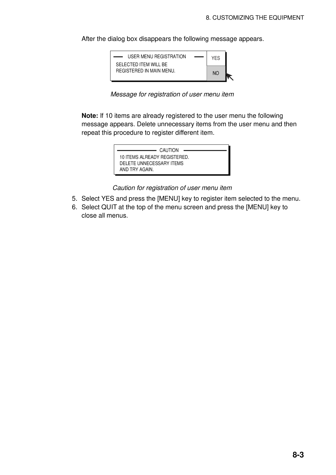 Furuno FSV-84 manual Message for registration of user menu item 