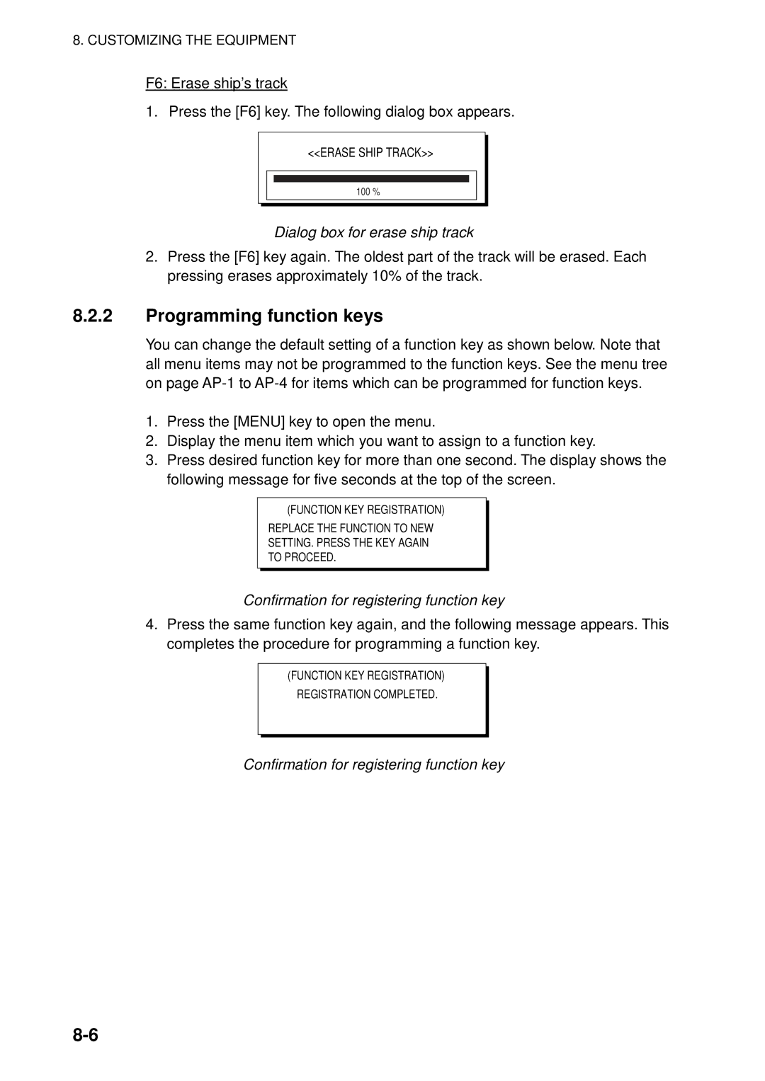 Furuno FSV-84 manual Programming function keys, Dialog box for erase ship track, Confirmation for registering function key 