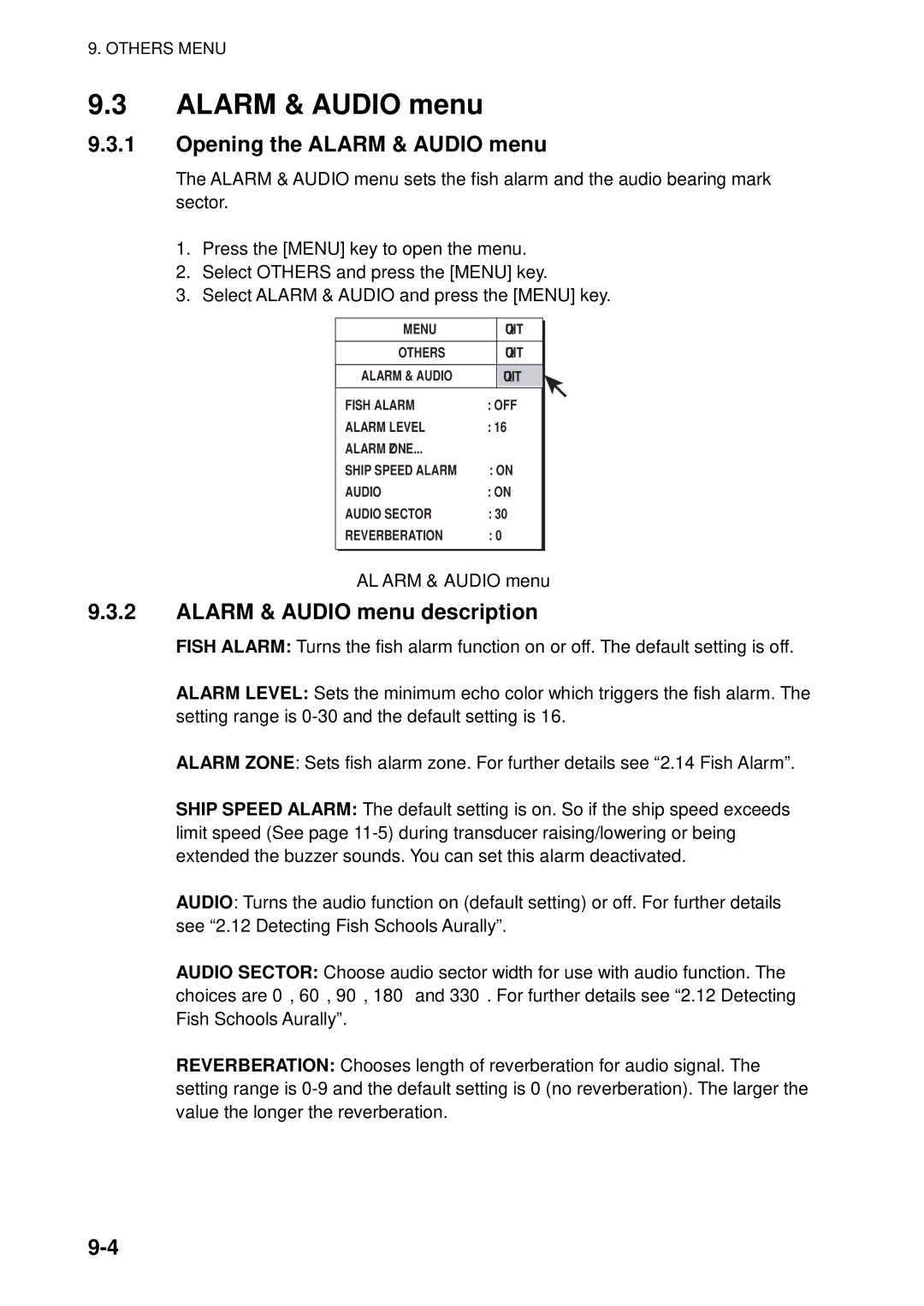 Furuno FSV-84 manual Opening the Alarm & Audio menu, Alarm & Audio menu description 