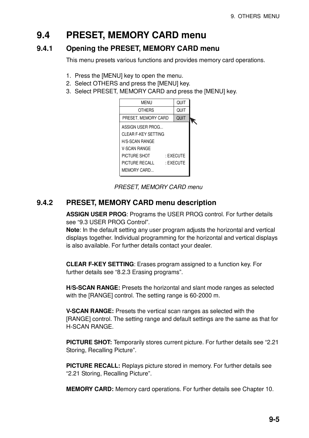 Furuno FSV-84 manual Opening the PRESET, Memory Card menu, PRESET, Memory Card menu description 