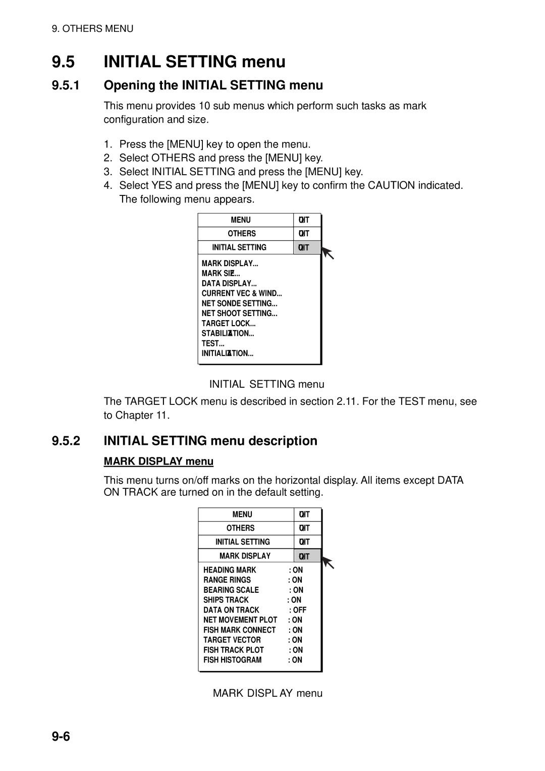 Furuno FSV-84 manual Opening the Initial Setting menu, Initial Setting menu description, Mark Display menu 