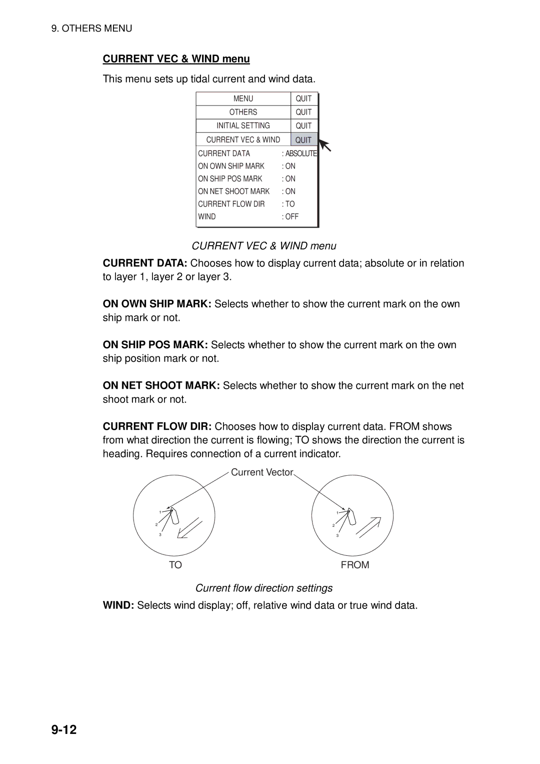 Furuno FSV-84 manual Current VEC & Wind menu, Current flow direction settings 