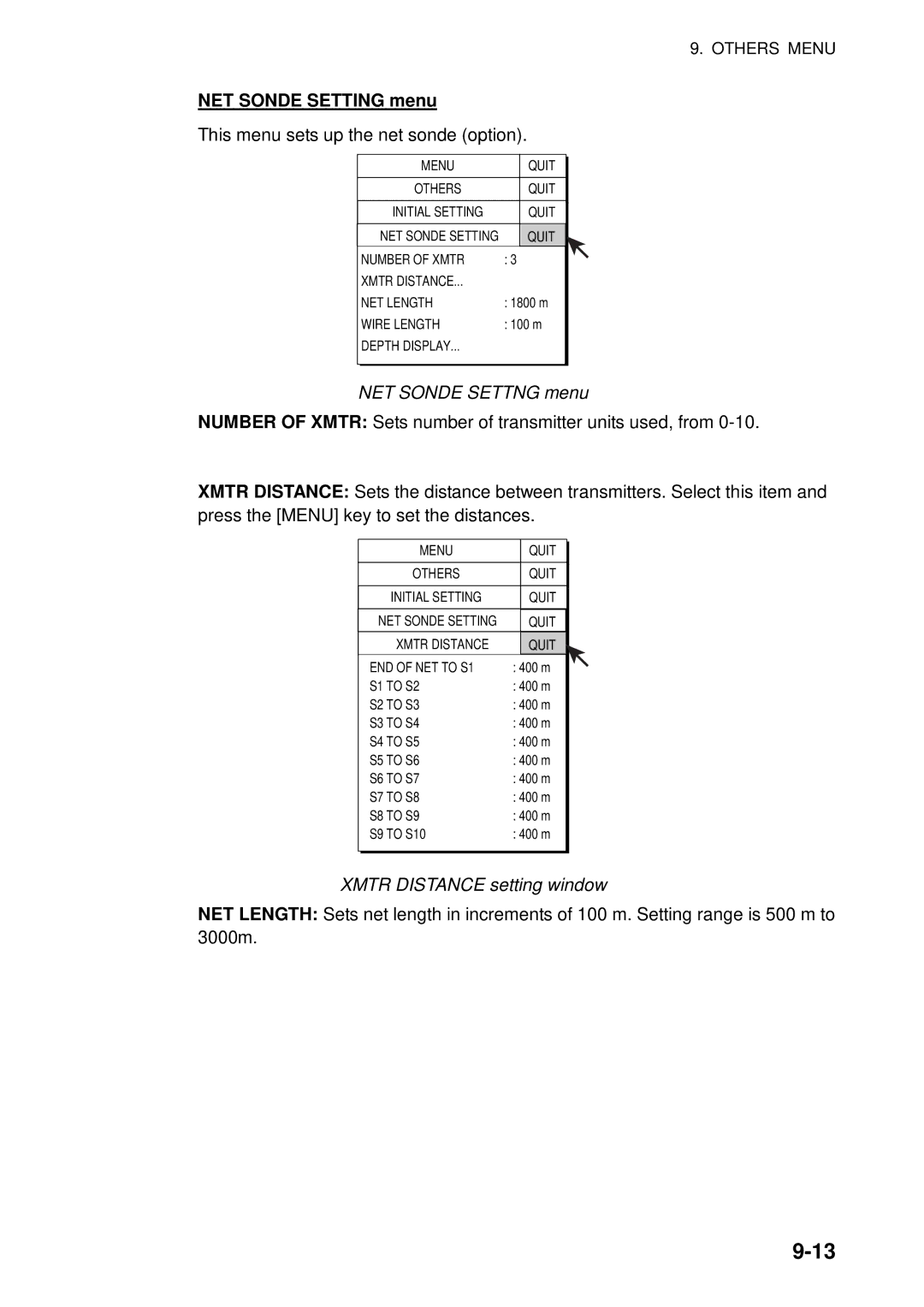 Furuno FSV-84 manual NET Sonde Setting menu, NET Sonde Settng menu, Xmtr Distance setting window 