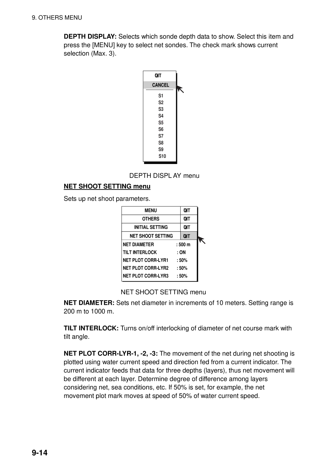 Furuno FSV-84 manual Depth Display menu, NET Shoot Setting menu 