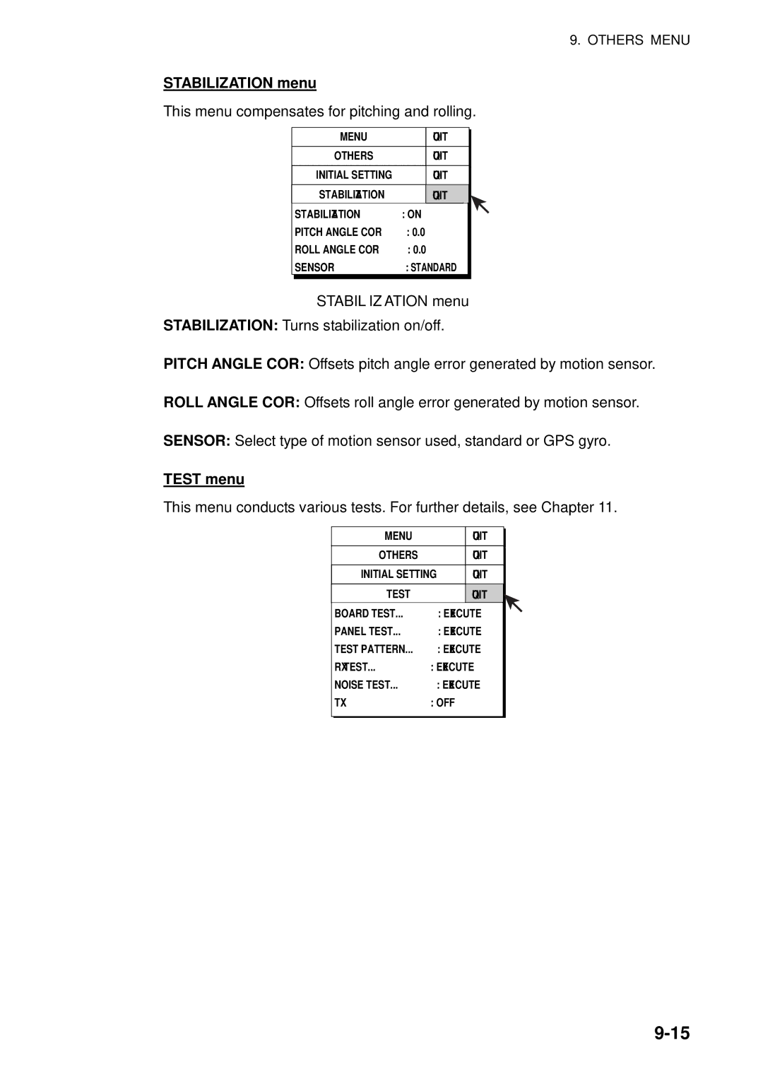 Furuno FSV-84 manual Stabilization menu, Test menu 