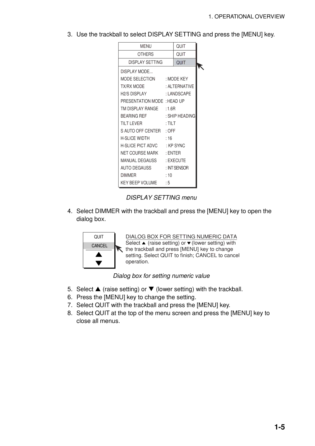 Furuno FSV-84 manual Display Setting menu, Dialog box for setting numeric value 