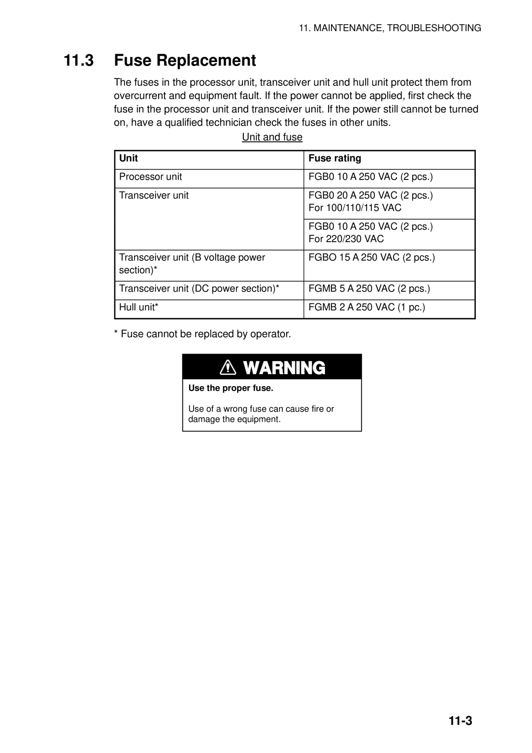 Furuno FSV-84 manual Fuse Replacement, 11-3, Unit and fuse, Unit Fuse rating 