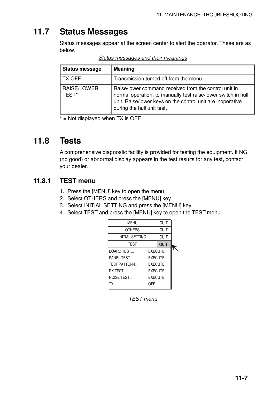 Furuno FSV-84 manual Status Messages, Tests, Test menu, 11-7, Status message Meaning 