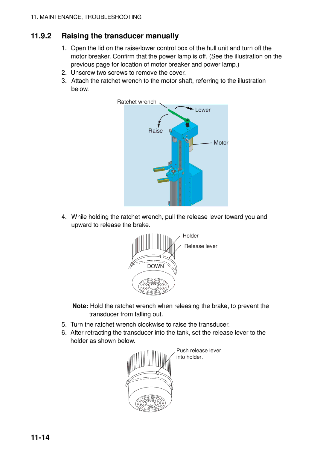 Furuno FSV-84 Raising the transducer manually, 11-14 