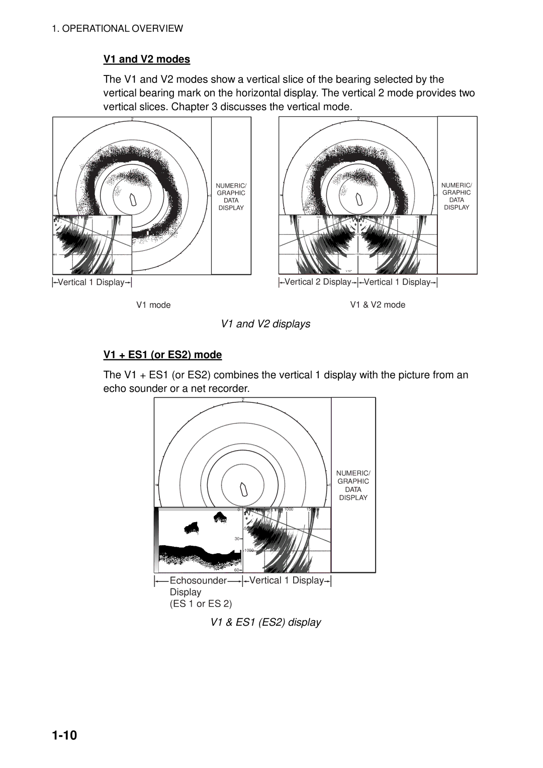 Furuno FSV-84 manual V1 and V2 modes, V1 and V2 displays, V1 + ES1 or ES2 mode, V1 & ES1 ES2 display 