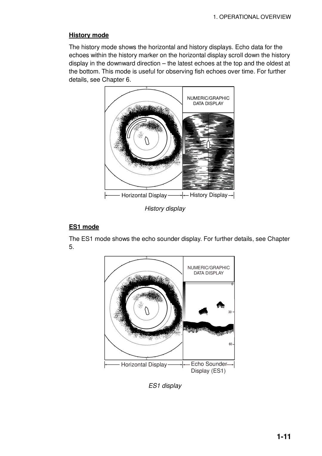 Furuno FSV-84 manual History mode, History display, ES1 mode, ES1 display 