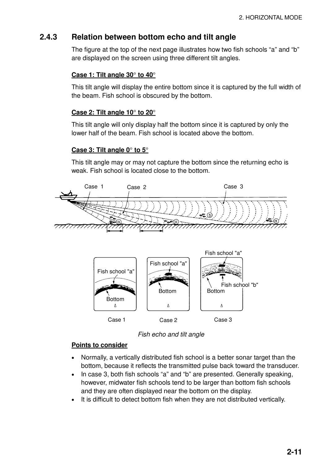 Furuno FSV-84 manual Relation between bottom echo and tilt angle, Case 1 Tilt angle 30 to, Case 2 Tilt angle 10 to 