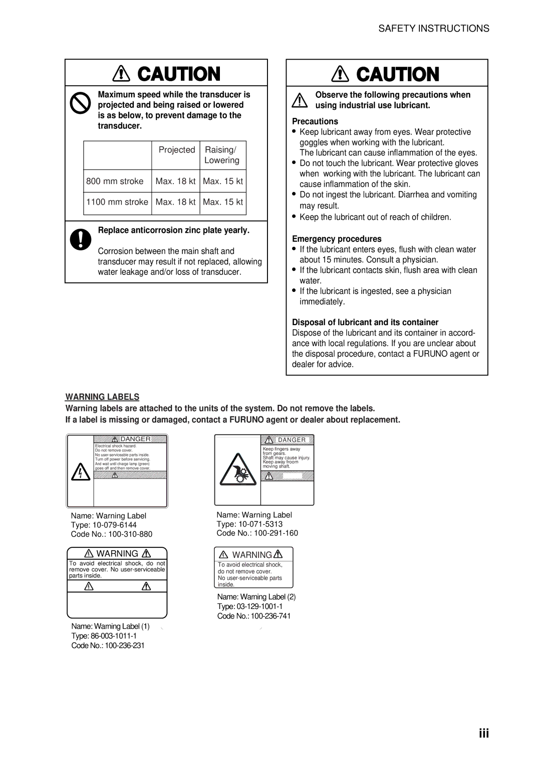 Furuno FSV-84 manual Iii, Replace anticorrosion zinc plate yearly 