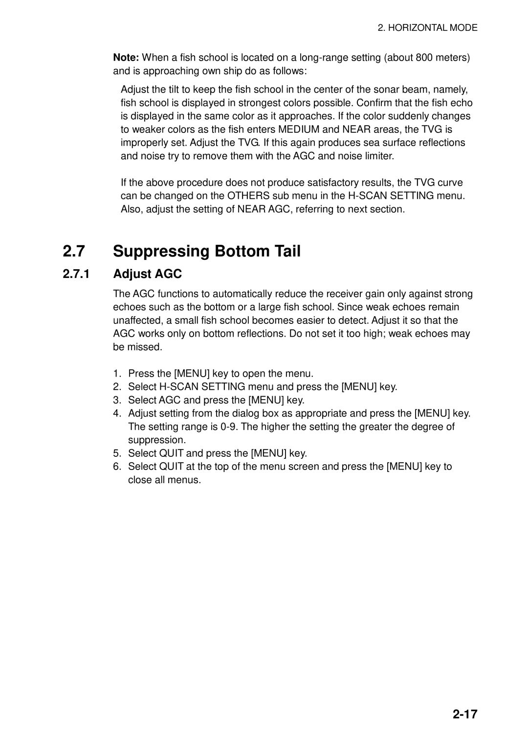 Furuno FSV-84 manual Suppressing Bottom Tail, Adjust AGC 