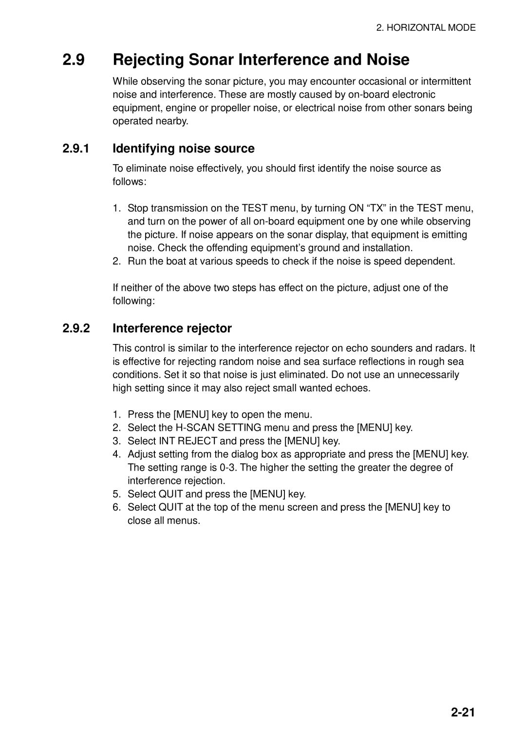 Furuno FSV-84 manual Rejecting Sonar Interference and Noise, Identifying noise source, Interference rejector 