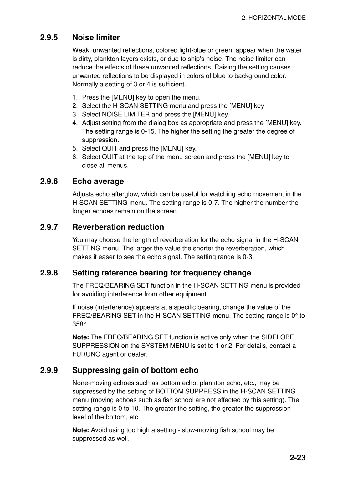 Furuno FSV-84 manual Noise limiter, Echo average, Reverberation reduction, Setting reference bearing for frequency change 