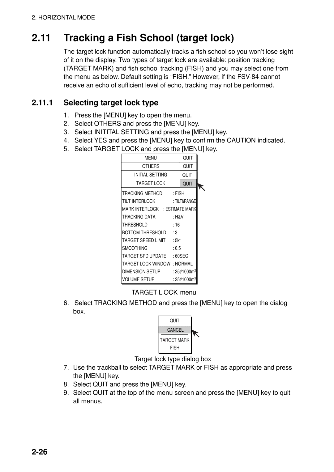 Furuno FSV-84 manual Tracking a Fish School target lock, Selecting target lock type, Target Lock menu 