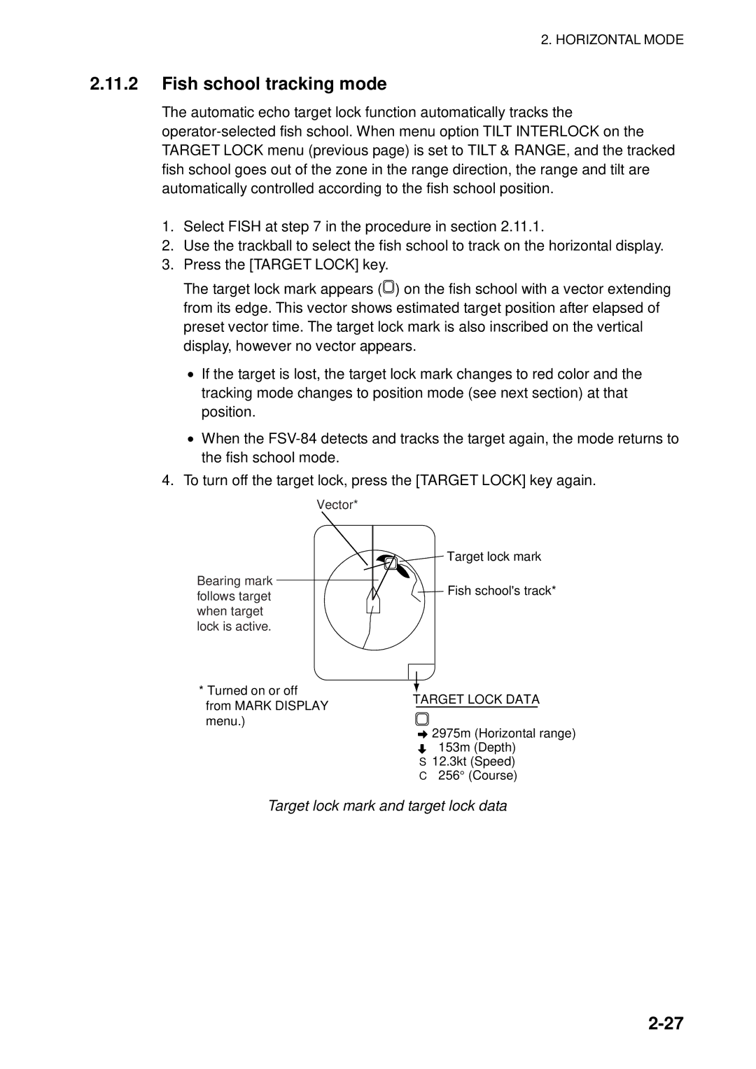 Furuno FSV-84 manual Fish school tracking mode, Target lock mark and target lock data 