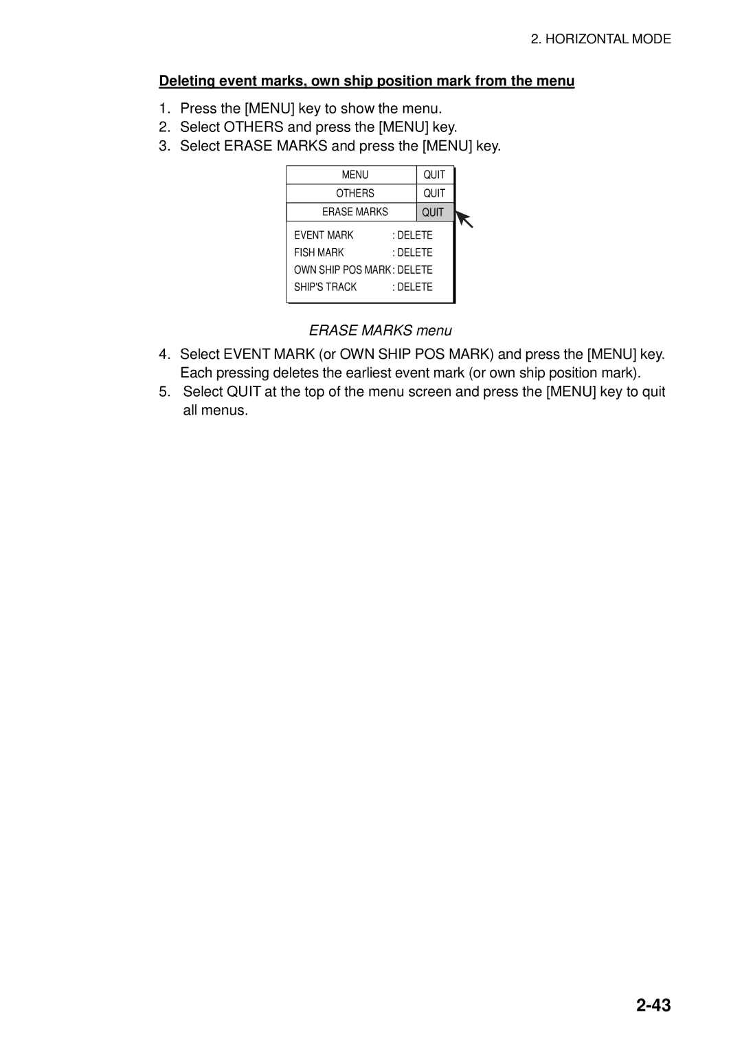 Furuno FSV-84 manual Deleting event marks, own ship position mark from the menu, Erase Marks menu 