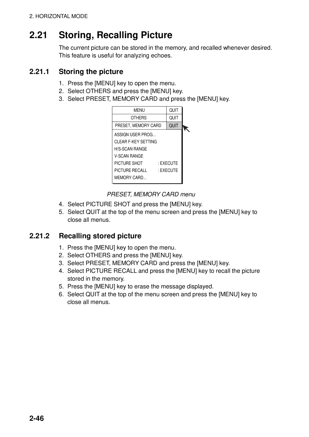 Furuno FSV-84 manual Storing, Recalling Picture, Storing the picture, Recalling stored picture, PRESET, Memory Card menu 